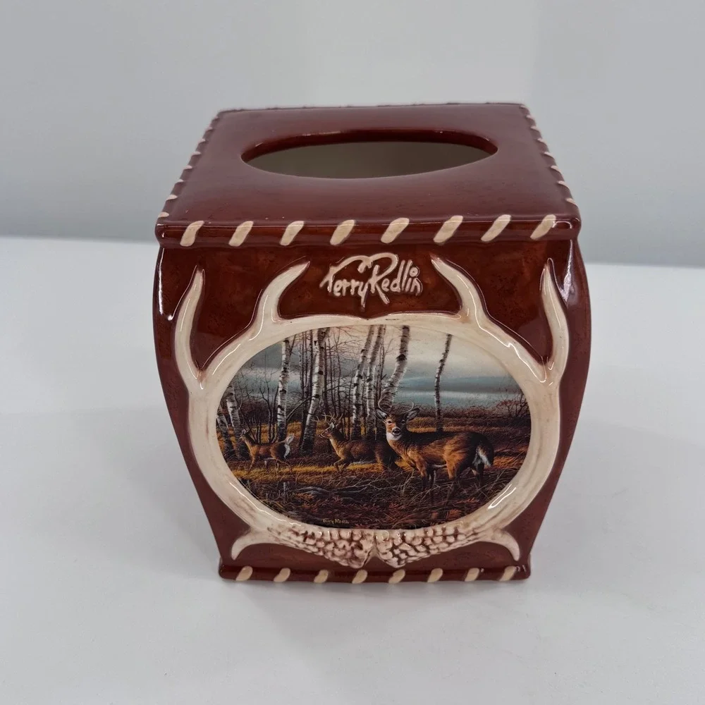Terry Redlin Tissue Box Cover Wildlife Deer Ceramic Rustic Lodge‎ Cabin Brown